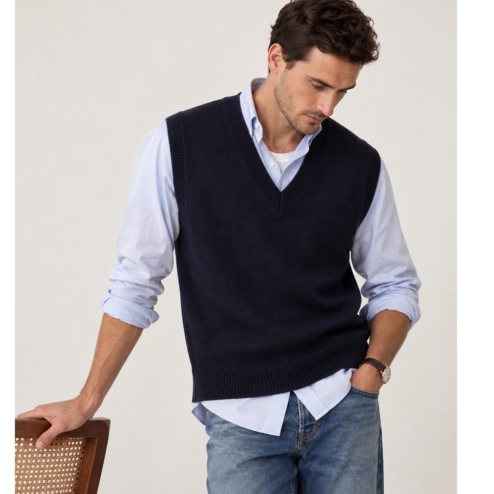 Banana Republic Sweater Vest Mens sz L Navy Merino Wool Preppy Heritage office